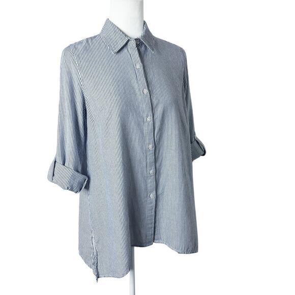 Zac & Rachel Button Up Shirt S Blue & White Striped Asymmetric Hem Long Sleeve - Picture 1 of 11